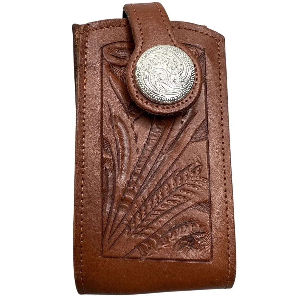 Western VTG Tooled Brown Leather Phone Holster Belt Pouch Silver Concho AS IS